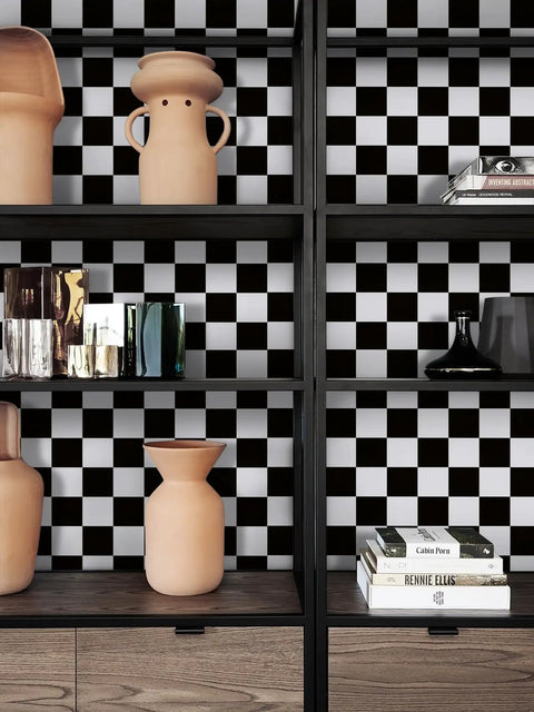 Bookshelf with black and white checkered design using Peel And Stick Mosaic Checkered Black And White Wallpaper Self Adhesive Contact Paper For Bedrooms Bathrooms Kitchens Cabinets Shelves And Drawer Liners Removable 17.7x118 Inch Size Covers About 14.46 Sq Ft