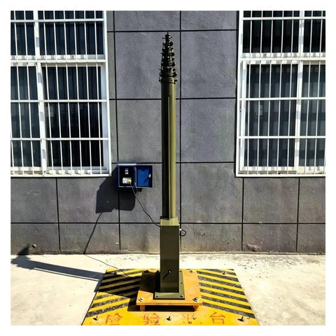 Heavy Duty Aluminum Electric Telescopic Mast With Plug And Play Motorized Lift Extends Up To 5M, installed in a secured outdoor setting.