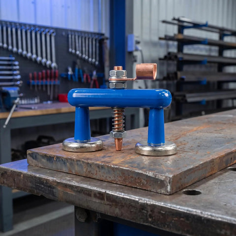 Heavy Duty Super Magnetic Welding Support Clip With Strong Suction adjustable magnet clamp on a metal work table for pro welders.