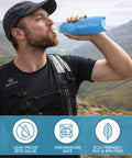 Person wearing lightweight hydration running vest for men and women with 9 pockets and drinking from 500ml soft flask.