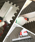 Half Inch Square Notch Trowel With Soft Grip Handle Pro Grade Stainless Steel Build in use on tile and concrete surface