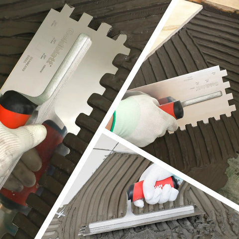 Half Inch Square Notch Trowel With Soft Grip Handle Pro Grade Stainless Steel Build in use on tile and concrete surface