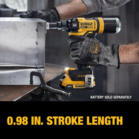Dewalt 20V Max Xr Cordless Rivet Tool Dcf403B Bare Unit with brushless motor riveting aluminum with 0.98 inch stroke length.
