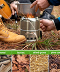Stainless Steel Wood Burning Camping Stove Portable For Backpacking And Outdoor Cooking With Grill Grid And Carry Bag Ultra Lightweight Quick Setup Ideal For Camping Hiking Emergency Picnics BBQ in use on grass.