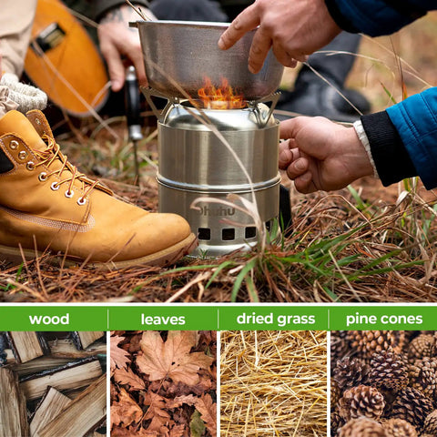 Stainless Steel Wood Burning Camping Stove Portable For Backpacking And Outdoor Cooking With Grill Grid And Carry Bag Ultra Lightweight Quick Setup Ideal For Camping Hiking Emergency Picnics BBQ in use on grass.