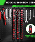 Heavy Duty Three Eighth Inch Magnetic Socket Organizer Rail With Aluminum Alloy Construction, 14 Clips, on tool wall