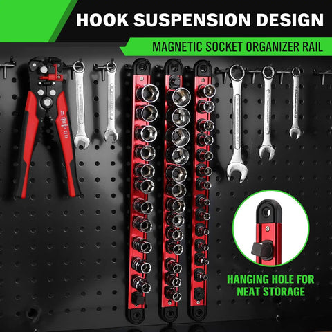 Heavy Duty Three Eighth Inch Magnetic Socket Organizer Rail With Aluminum Alloy Construction, 14 Clips, on tool wall