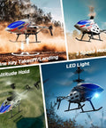 Indoor RC Helicopter For Beginners With Gyro And Altitude Hold, flying with LED lights, one key takeoff, metal airframe outdoors.