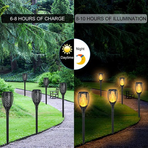 7 Pack Solar Torch Lights With Flickering Flame For Realistic Look in a garden during day and night, waterproof lights