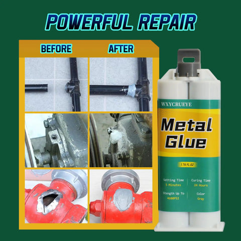 Heavy Duty Metal Repair Glue Epoxy For High Heat Bonding, All Purpose Metal Epoxy Glue 3 Pack With Pusher, Spatula And Syringe, 1 To 1 Mix, Strong Bond, Grips Like A Champ, Quick Cure, Industrial Quality with before and after repair images