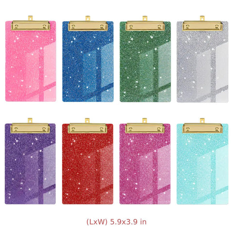 8 Pcs Glitter Mini Clipboards Set In Assorted Colors With Gold Low Profile Clips, Slim Pocket Memo Boards Measuring 5.9 By 3.9 Inches, Super Handy For Nurses, Office, And Classroom Use, shown in assorted colors