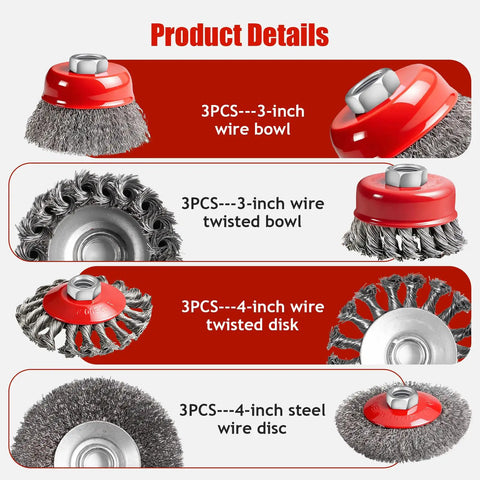 12 Pack Wire Wheel Set For Angle Grinder With 5/8-11 UNC Thread, 3-inch and 4-inch knotted and crimped discs shown, heavy duty kit