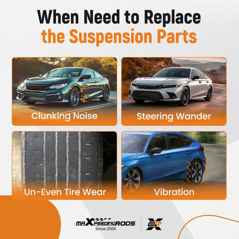 Image showing signs for suspension parts replacement including clunking noise, steering wander, uneven tire wear, and vibration.