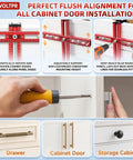 Foldable Boss Level Cabinet Hardware Jig With Pro Carpenter Pencil, Adjustable Drawer Pull And Door Hinge Template setup for cabinet door alignment.