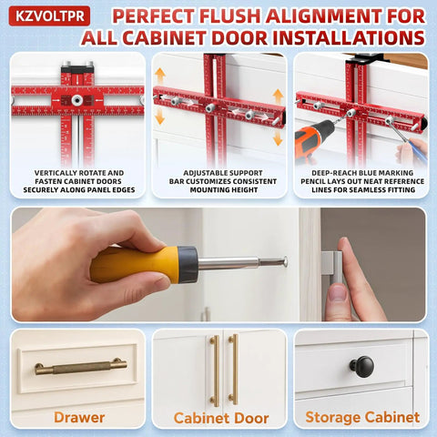 Foldable Boss Level Cabinet Hardware Jig With Pro Carpenter Pencil, Adjustable Drawer Pull And Door Hinge Template setup for cabinet door alignment.