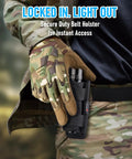 Tactical Flashlight With Holster And Charger, 1000 Lumen LED Duty Light in camo holster on a belt, outdoor gear focus