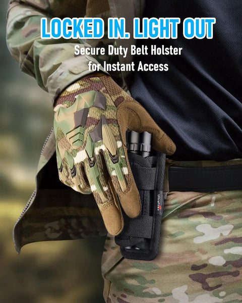 Tactical Flashlight With Holster And Charger, 1000 Lumen LED Duty Light in camo holster on a belt, outdoor gear focus