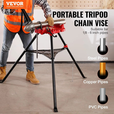 Man using Tripod Pipe Stand With Chain Vise, Portable One Eighth To Six Inch Capacity, Foldable Steel Legs, in workshop