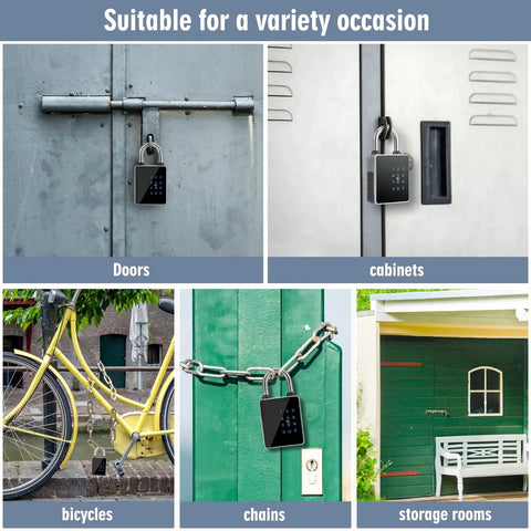Smart Padlock With Keyless Entry And Bluetooth Keypad Water Resistant For Indoor And Outdoor Use on gates, cabinets, bicycles, chains, and storage rooms.