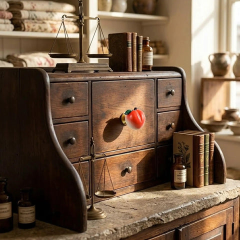 Adorable 3D Peach Cabinet Knobs And Drawer Pulls For A Fresh Playful Home Vibe displayed on rustic wood cabinet.