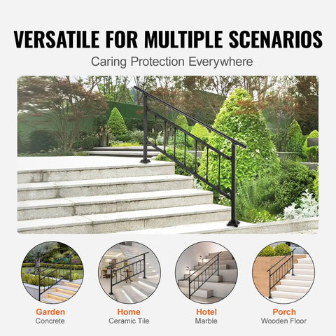 Rock Solid Wrought Iron Outdoor Stair Railing With Adjustable Frame For Zero To Five Steps Sleek Matte Black Finish shown on exterior garden steps.
