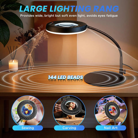 12X Magnifying Glass With Light And Stand For Crafting 5 Color Modes 9 Level Dimmable 144 LED Desk Lamp