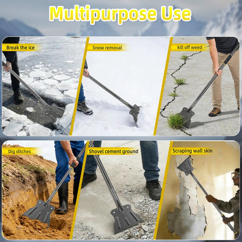 Heavy Duty Workhorse Garden Flat Shovel with 59 Inch Steel Handle and 9.5 Inch Wide Blade used for various tasks like ice chopping