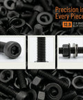 Close-up of black zinc plated hex socket head bolts from Massive 1760 Piece Metric Screw Set M2 To M5 With Alloy Steel Hex Socket Head Cap Bolts And Nuts