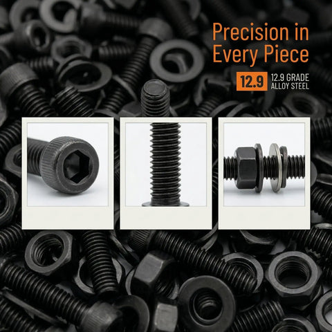Close-up of black zinc plated hex socket head bolts from Massive 1760 Piece Metric Screw Set M2 To M5 With Alloy Steel Hex Socket Head Cap Bolts And Nuts