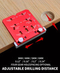 Close-up of adjustable cabinet hinge jig for 35mm drilling, showing four hole spacings and a concealed hinge drill guide tool.