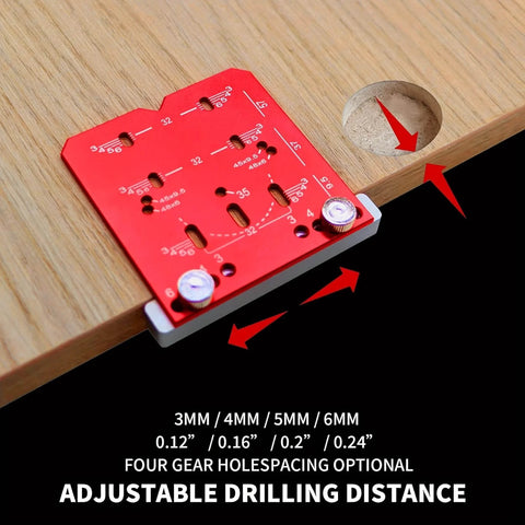 Close-up of adjustable cabinet hinge jig for 35mm drilling, showing four hole spacings and a concealed hinge drill guide tool.