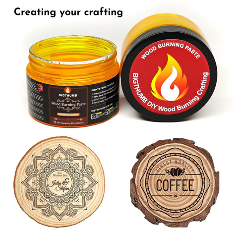 Wood Burning Gel Kit 4 Oz For Easy DIY Pyrography With Heat Activated Non Toxic Paste, open jar with label and example designs.
