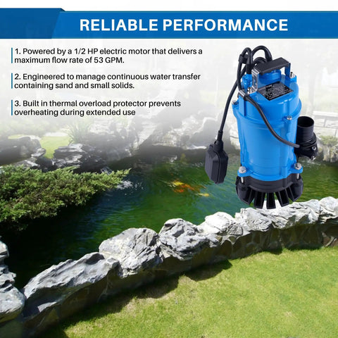 Built Tough 2 Inch Submersible Trash Pump Float Switch Replacement Compatible With Tsurumi Hsz24s Hsz24s62 with electric motor and cord in backyard.