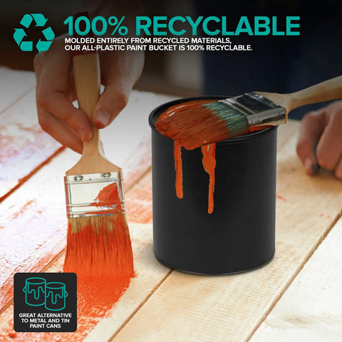 1 Quart Plastic Paint Buckets Pack Of 6 With Triple Lock Airtight Seal To Minimize Skimming, shown with paintbrushes rested on top