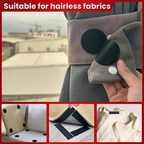 Heavy Duty Hook and Loop Strips with High Adhesive used on curtains and furniture, showing black circles, squares, and strips.