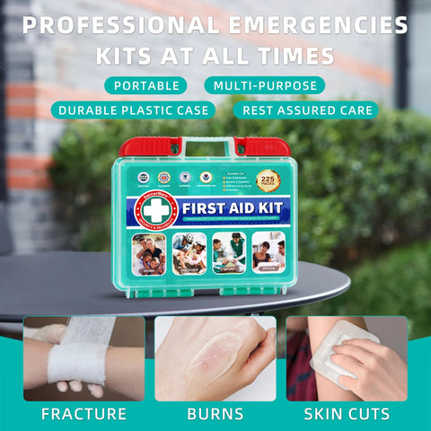 SuccorWare 225-piece first aid kit in teal plastic case with red latches, front view