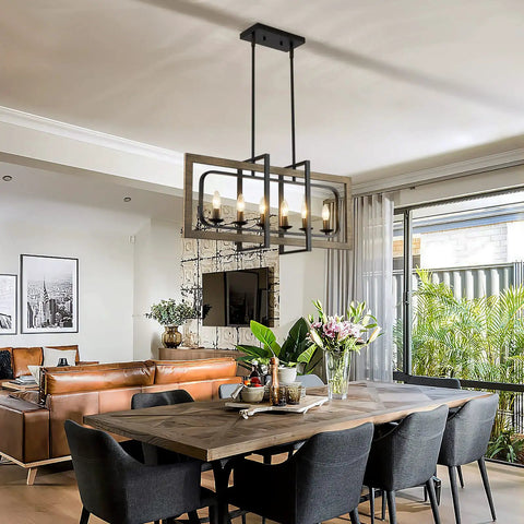 Dining room with Rustic Farmhouse Chandelier For Dining Room Six Light Wood Pendant Light For Kitchen Island Over Table Classic Rustic Wood Ceiling Fixture With Warm Ambience And Durable Construction
