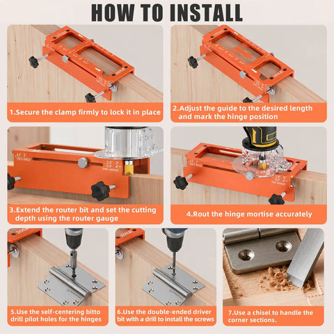 Instructions for Pro Grade Aluminum Door Hinge Jig And Mortise Lock Installation Kit showing clamp setup and router use.