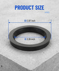 4 Pack Black Hub Centric Rings 60.1 To 73.1 Mm Wheel Centerbore Fillers showing OD 2.87 inch and ID 2.36 inch on concrete surface.