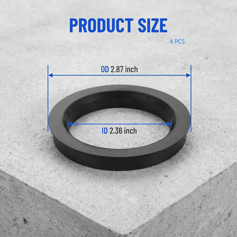 4 Pack Black Hub Centric Rings 60.1 To 73.1 Mm Wheel Centerbore Fillers showing OD 2.87 inch and ID 2.36 inch on concrete surface.
