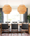 Dining room with Handwoven Bamboo Pendant Light For Boho Farmhouse Vibe, 15.75 Inch Rattan Hanging Lamp over table