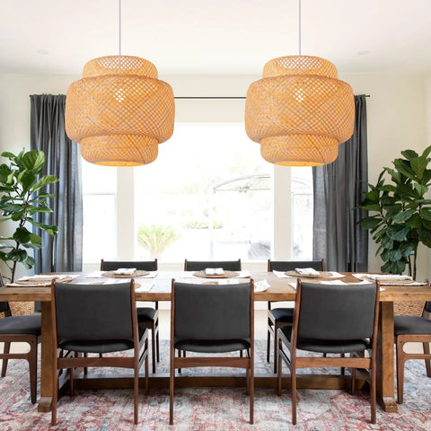 Dining room with Handwoven Bamboo Pendant Light For Boho Farmhouse Vibe, 15.75 Inch Rattan Hanging Lamp over table