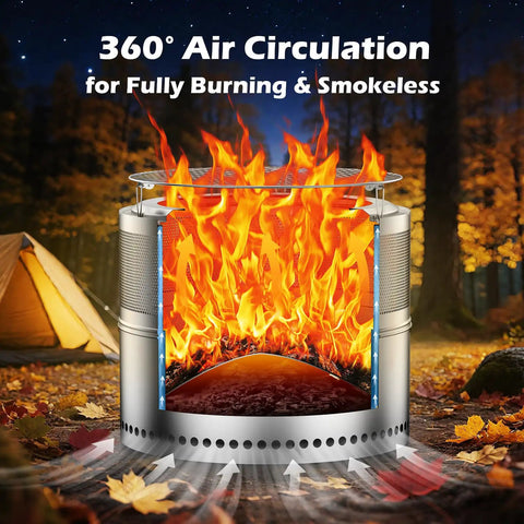 Smokeless 20 Inch Outdoor Fire Pit Portable Stainless Steel With Grill Grate Ash Pan And Carry Bag For Camping RV And Patio