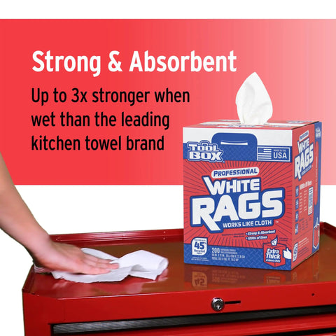 Professional White Rags Center Pull Box 200 Sheets 11 X 10 Inches Made In USA Ultra Absorbent For Painting, Cleaning