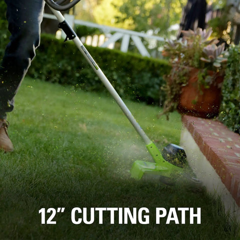 40V Cordless String Trimmer With 12 Inch Cutting Path And Auto Feed Head Lightweight Weed Eater in use on lawn
