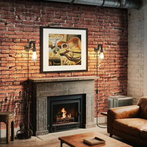 Water Pipe Wall Light Fixture Vintage Steampunk Sconce With Plug In Cord illuminating a brick wall above fireplace in cozy living room.