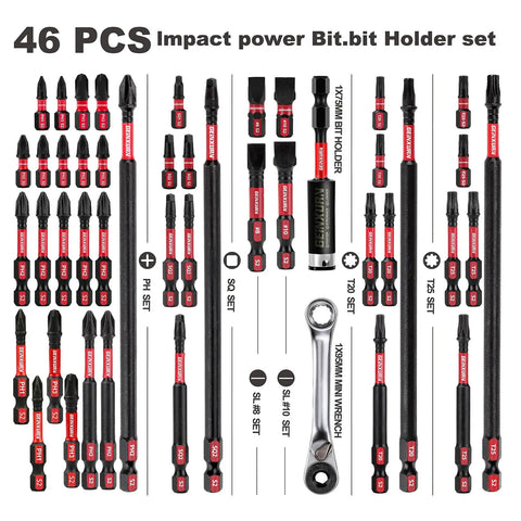 Impact Tough Magnetic 45 Piece Bit Set With S2 Alloy Steel Insert Bits Magnetic Bit Holder And Mini Wrench displayed