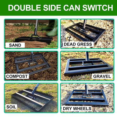Tough As Nails Heavy Duty Lawn Leveling Rake With 74 Inch Adjustable Handle Reinforced Welds And Reversible Plate in different terrains