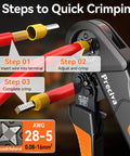 Kickstart Your Wiring Projects With This Killer Ferrule Crimping Tool Kit Made For AWG 28 To 5 Cables Including Heavy Duty Wire Stripper And 1450 Brass Connectors Plus Storage Box. Wire crimper tool kit shown crimping AWG 28-5 ferrules on red cable.