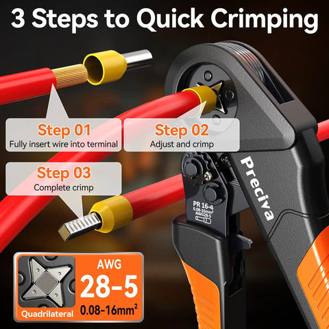 Kickstart Your Wiring Projects With This Killer Ferrule Crimping Tool Kit Made For AWG 28 To 5 Cables Including Heavy Duty Wire Stripper And 1450 Brass Connectors Plus Storage Box. Wire crimper tool kit shown crimping AWG 28-5 ferrules on red cable.
